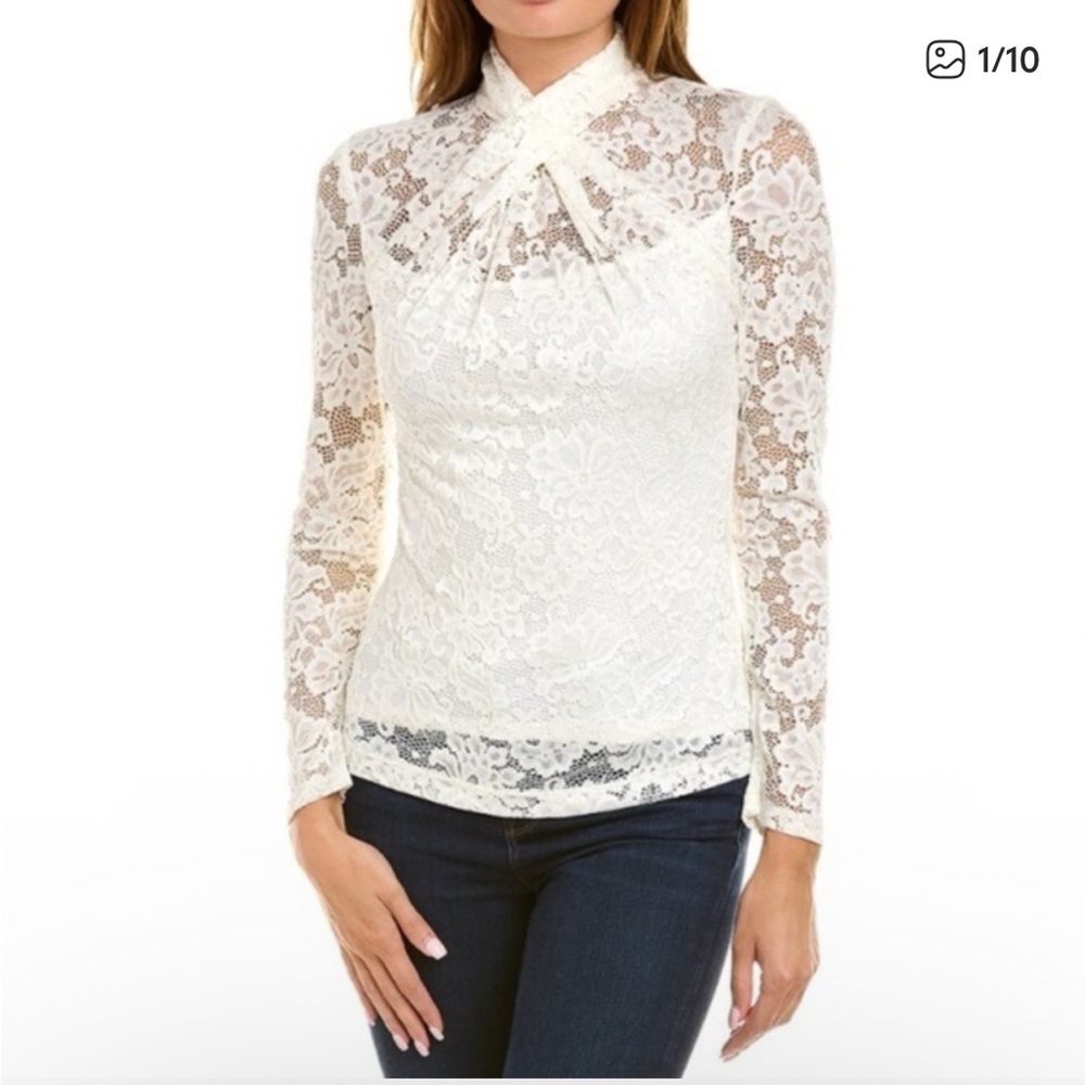 Elie Tahari Cream Lace High-Neck Long-Sleeve Blouse